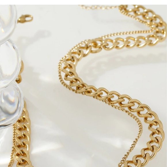 New 18K Gold Plated Link Chain Double Layer Necklace 9c - Picture 3 of 8